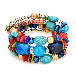 Couleur Mélangete Bracelet style wrap à trois boucles en perles d'alliage et de résine, bracelet style bohème pour femme, couleur mixte, 7-1/8 pouce (18 cm)