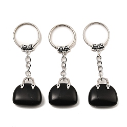 Obsidienne Porte-clés pendentif de sac en obsidienne naturelle, avec les accessoires en laiton de tonalité de platine, pour sac bijoux cadeau décoration, 7.4 cm