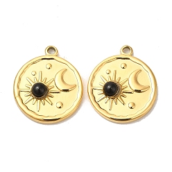 Black Agate Ion Plating(IP) 316 Stainless Steel Flat Round Pendants, Natural Black Agate Sun & Moon Charms, Real 24K Gold Plated, 21.5x18x4.5mm, Hole: 1.6mm