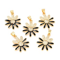 Black Real 18K Gold Plated Brass Micro Pave Cubic Zirconia Pendants, with Enamel, Long-Lasting Plated, Flower, Black, 22.5x19.5x3.5mm, Hole: 3.5x4mm