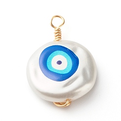 Real 18K Gold Plated 3D Printed ABS Plastic Imitation Pearl Pendants, with Eco-Friendly Copper Wire, Flat Round with Evil Eye, Real 18K Gold Plated, 26x18x5mm, Hole: 2.5mm