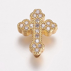 Golden Brass Micro Pave Cubic Zirconia Beads, Cross, Clear, Golden, 15x12x4.5mm, Hole: 2mm