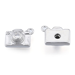 Real Platinum Plated Brass Micro Pave Clear Cubic Zirconia Charms, Cadmium Free & Nickel Free & Lead Free, Camera, Real Platinum Plated, 9.5x13x5mm, Hole: 1.5mm