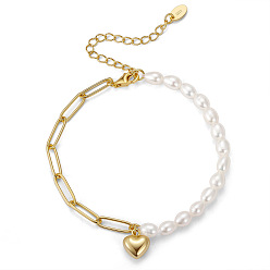 Real 14K Gold Plated 925 Sterling Silver Heart Charm Bracelet, Natural Baroque Pearl Beaded & Paperclip Chains Bracelets, with S925 Stamp, Golden, 6-1/2 inch(16.5cm)