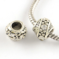 Crystal Barrel Antique Silver Plated Metal Alloy Rhinestone European Beads, Large Hole Beads, Crystal, 10~11x9mm, Hole: 5mm