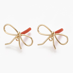 Real 18K Gold Plated Brass Stud Earring Findings, with Loop, Raw(Unplated) Silver Pins and Plastic Protector, Real 18K Gold Plated, Bowknot, 15x25mm, Hole: 1.5mm, pin: 0.7mm