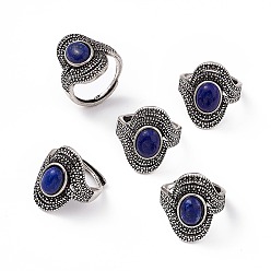 Lapis Lazuli Oval Natural Lapis Lazuli Adjustable Rings, Antique Silver Tone Brass Wide Band Rings for Men, 2.5~22mm, Inner Diameter: 17mm