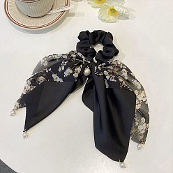 Noir Accessoires de cheveux élastiques en polyester à motif de fleurs, pour les filles ou les femmes, avec perle imitation perle en plastique, chouchou/élastiques à cheveux chouchous avec longue queue, foulard à nœud noué, noir, 210mm