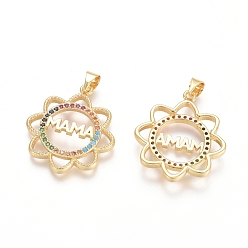 Golden Brass Micro Pave Cubic Zirconia Pendants, Flower with Word MaMa, For Mother's Day, Colorful, Golden, 24.5x22x3.5mm, Hole: 3.5x4.5mm