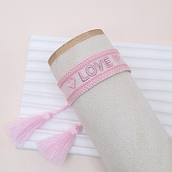 Rose Nacré Bracelet cordon polyester style ethnique bohème, bracelet réglable mot amour avec breloques pompon, perle rose, 9-1/2 pouce (24 cm)