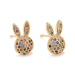 Colorful Cubic Zirconia Rabbit Stud Earrings, Real 18K Gold Plated Brass Jewelry for Women, Lead Free & Cadmium Free, Colorful, 12x7mm, Pin: 0.9mm