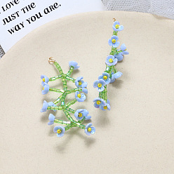 Bleu Ciel Clair Grand pendentif en perles de verre tressées, avec fleur en résine perlée, fleur de la vie, lumière bleu ciel, 51x23mm