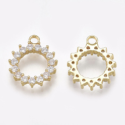 Real 18K Gold Plated Cubic Zirconia Charms, with Brass Findings, Sun, Clear, Real 18K Gold Plated, 13x11x2mm, Hole: 1.5mm