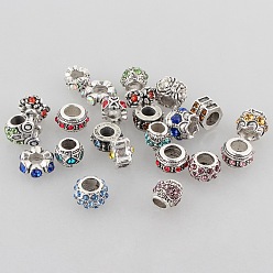 Mixed Color Mixed Style Antique Silver Zinc Alloy Rhinestone Large Hole Beads, 6~12x10~12x6~10mm, Hole: 5~6mm