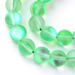 Vert Printemps Moyen Brins synthétiques de perles de lune, perles holographiques, teint, givré, ronde, vert printemps moyen, 6mm, Trou: 1mm, Environ 60~62 pcs/chapelet, 14~15 pouce