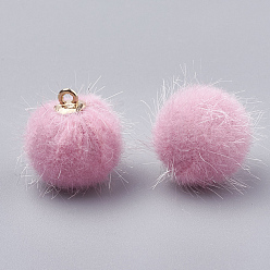 Pearl Pink Faux Mink Fur Covered Pendants, with Brass Findings, Round, Golden, Pearl Pink, 16.5~17x15~16mm, Hole: 1mm