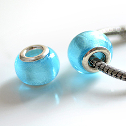 Light Sky Blue Handmade Silver Foil Glass European Beads, with Silver Color Plated Brass Cores, Rondelle, Light Sky Blue, 14x10mm, Hole: 5mm