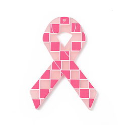 Pink Grands pendentifs acryliques imprimés, charme de ruban de sensibilisation, rose, 53x36.5x2.5mm, Trou: 1.6mm