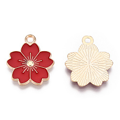 Red Alloy Enamel Pendants, Sakura Flower, Light Gold, Red, 20.5x17.5x1.5mm, Hole: 2mm