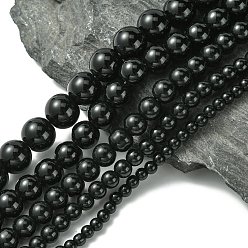 Negro Abalorios de vidrio teñido de perla redondos, negro, 4 mm / 6 mm / 8 mm / 10 mm / 12 mm, agujero: 1 mm, sobre 70~216 unidades / cadena