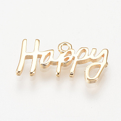 Real 18K Gold Plated Brass Pendants, Nickel Free, Real 18K Gold Plated, Word Happy, 8x16x1.5mm, Hole: 1mm