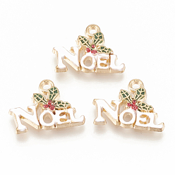Dark Olive Green Alloy Enamel Pendants, Christmas Holly Leaves with Word Noel, Dark Olive Green, 14x19x3mm, Hole: 1.8mm