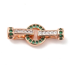 Green Rack Plating Brass Pave Cubic Zirconia Fold Over Clasps, Lead Free & Cadmium Free, Flat Round, Rose Gold, Green, 9.3x25mm