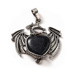 Blue Goldstone Synthetic Blue Goldstone Heart Pendants, Dragon Charms, with Rack Plating Antique Silver Plated Brass Findings, Lead Free & Cadmium Free, 33x33.5~34x7~7.5mm, Hole: 8x5mm