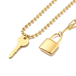 Golden 2Pcs 2 Style Key and Padlock Pendant Necklaces Set, Ion Plating(IP) 304 Stainless Steel Jewelry for Women, Golden, 17.40~22.44 inch(44.2~57cm), 1Pc/style