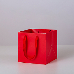 Red Solid Color Kraft Paper Gift Bags with Ribbon Handles, for Birthday Wedding Christmas Party Shopping Bags, Square, Red, 25x25x25cm