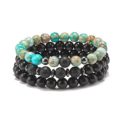 Wood 3Pcs 3 Style Natural Wood & Lava Rock & Imperial Jasper(Dyed) Beaded Stretch Bracelets Set, Essential Oil Gemstone Jewelry for Women, Inner Diameter: 2-1/4 inch(5.6cm), 1Pc/style