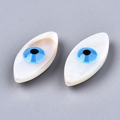 Dodger Blue Natural Freshwater Shell Beads, with Enamel, Enamelled Sequins, Horse Eye with Evil Eye, Dodger Blue, 18.5x8.5x5mm, Hole: 0.8mm