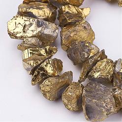 Plaqué Or Galvaniques quartz naturel brins cristal de perles, nuggets, plaqué or, 10~24.5x5.5~16x2~23mm, Trou: 1mm, Environ 54~64 pcs/chapelet, 15.1~15.9 pouce