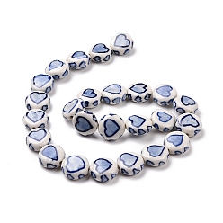 Dark Blue Handmade Porcelain Beads Strands, Blue and White Pocerlain, Flat Round with Heart Pattern, Dark Blue, 14~14.5x6.5~7mm, Hole: 1.8mm, about 25pcs/strand, 145.67''(370cm)