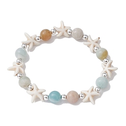 Étoiles de mer Bracelet extensible perlé de pierres précieuses naturelles et synthétiques, Thème de l'océan, étoiles de mer, diamètre intérieur: 2-3/8 pouce (6 cm)