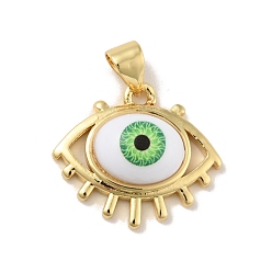 Green Brass Pendants, with Acrylic, Cadmium Free & Lead Free, Long-Lasting Plated, Evil Eye, Real 18K Gold Plated, Green, 16.5x19x6mm, Hole: 4x3.5mm