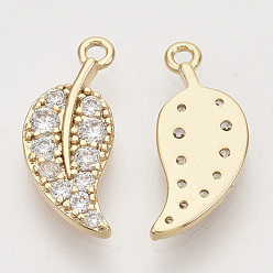 Real 18K Gold Plated Brass Micro Pave Clear Cubic Zirconia Pendants, Nickel Free, Real 18K Gold Plated, Leaf, 15.5x6.5x1.5mm, Hole: 1.2mm