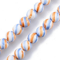 Sandy Brown Handmade Porcelain Bead Strands, Famille Rose Style, Round with Stripe Pattern, Sandy Brown, 10.5mm, Hole: 2mm, about 30pcs/strand, 11.81 inch(30cm)