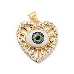 Желто-Зеленый Сердце с глазом латунные подвески из прозрачного кубического циркония с микропаве, с полимерным глазным яблоком, без кадмия, без никеля и без свинца, реальный 18 k позолоченный, желто-зеленый, 23.5x23x6.5 мм, отверстие : 3.5x4.7 мм