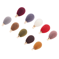 Mixed Color Flocky Acrylic Pendants, with Brass Findings, Teardrop, Golden, Mixed Color, 18.5x9.5mm, Hole: 1.6mm