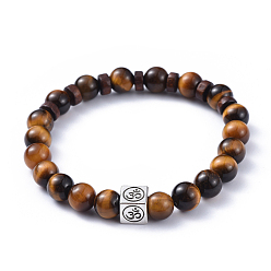 Tiger Eye Natural Tiger Eye Stretch Bracelets, with Wood Beads and Tibetan Style Alloy Beads, Cube with Om Symbol, 2-3/8 inch(5.9cm)