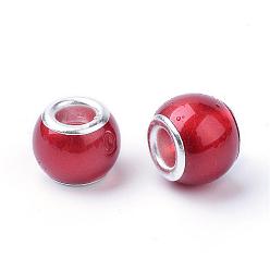 Dark Red Glass ABS Plastic Imitation Pearl European Beads, Large Hole Beads, Rondelle, with Silver Color Plated Brass Cores, Dark Red, 11.5~12x9~10mm, Hole: 5mm