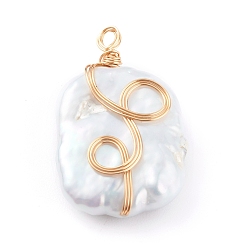 Light Gold Colgantes de perlas keshi de perlas barrocas naturales, con alambre de cobre, pepitas, la luz de oro, 26x16x6.5 mm, agujero: 1.5 mm