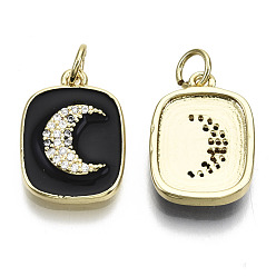 Black Brass Micro Pave Clear Cubic Zirconia Pendants, with Enamel and Jump Ring, Rectangle with Moon, Real 16K Gold Plated, Nickel Free, Black, 17.5x13x3mm, Jump Ring: 5x1mm, 3mm inner diameter