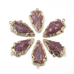 Natural Agate Natural Agate Pendants, with Brass Findings, Dyed, Golden, Arrowhead, 35~50x20~30x9~10mm, Hole: 2mm