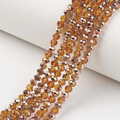 Dark Orange Electroplate Transparent Glass Beads Strands, Half Copper Plated, Faceted, Rondelle, Dark Orange, 6x5mm, Hole: 1mm, about 85~88pcs/strand, 16.1~16.5 inch(41~42cm)