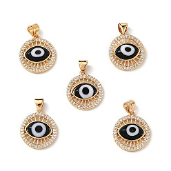 Black Lampwork Evil Eye Pendants with Clear Cubic Zirconia, Real 18K Gold Plated Brass Findings, Lead Free & Cadmium free, Black, 18x16x4mm, Hole: 3x3.5mm