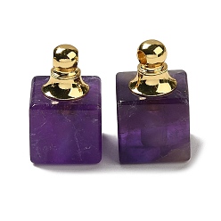 Amethyst Natural Amethyst Perfume Bottle Pendants, Square Charms with Golden Plated 304 Stainless Steel Findings, 19x12x12mm, Hole: 2mm