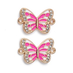 Hot Pink Alloy Enamel Connector Charms, Butterfly Links with Crystal Rhinestone, Light Gold, Cadmium Free & Nickel Free & Lead Free, Hot Pink, 21x13x1.7mm, Hole: 1.6mm