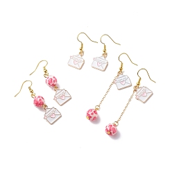 Envelope 3 Pairs 3 Style Pink Alloy Enamel Charms & Resin Beads Dangle Earrings, Valentine Theme Brass Jewelry for Women, Golden, Envelope Pattern, 32~47mm, Pin: 0.5mm